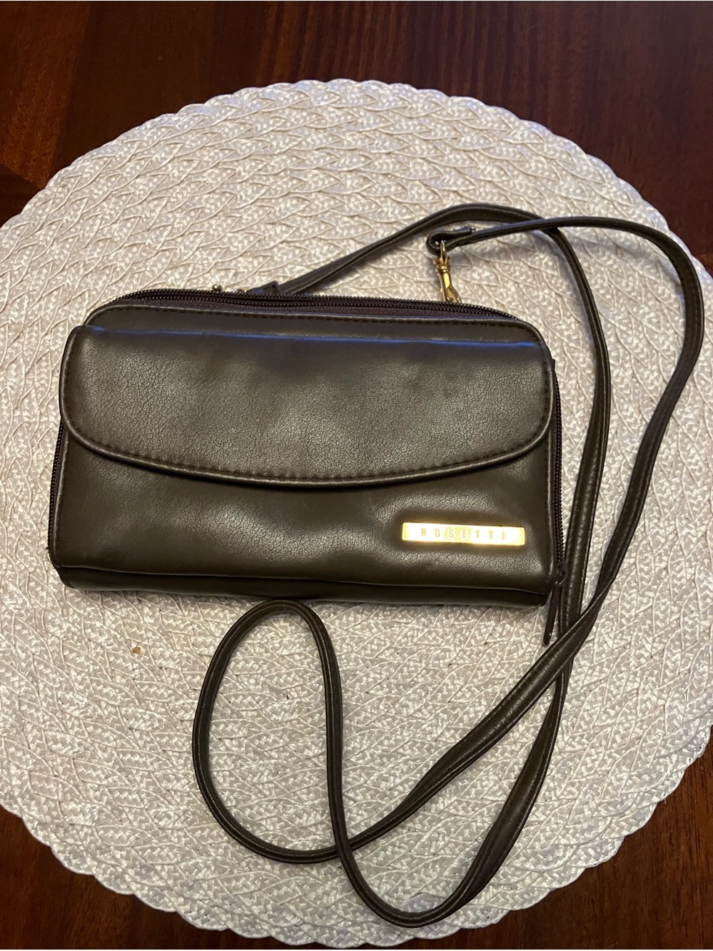 Rosetti Dark Brown Crossbody Wallet with Gold Logo Plate